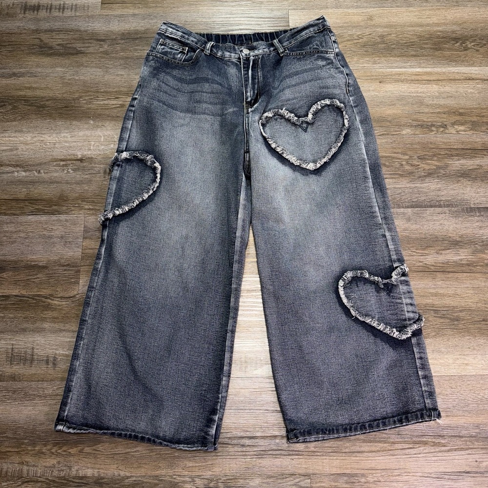 Shein Curve Sexy Heart Medium-Wash Straight Leg Blue Jeans Womens Plus Size 0XL